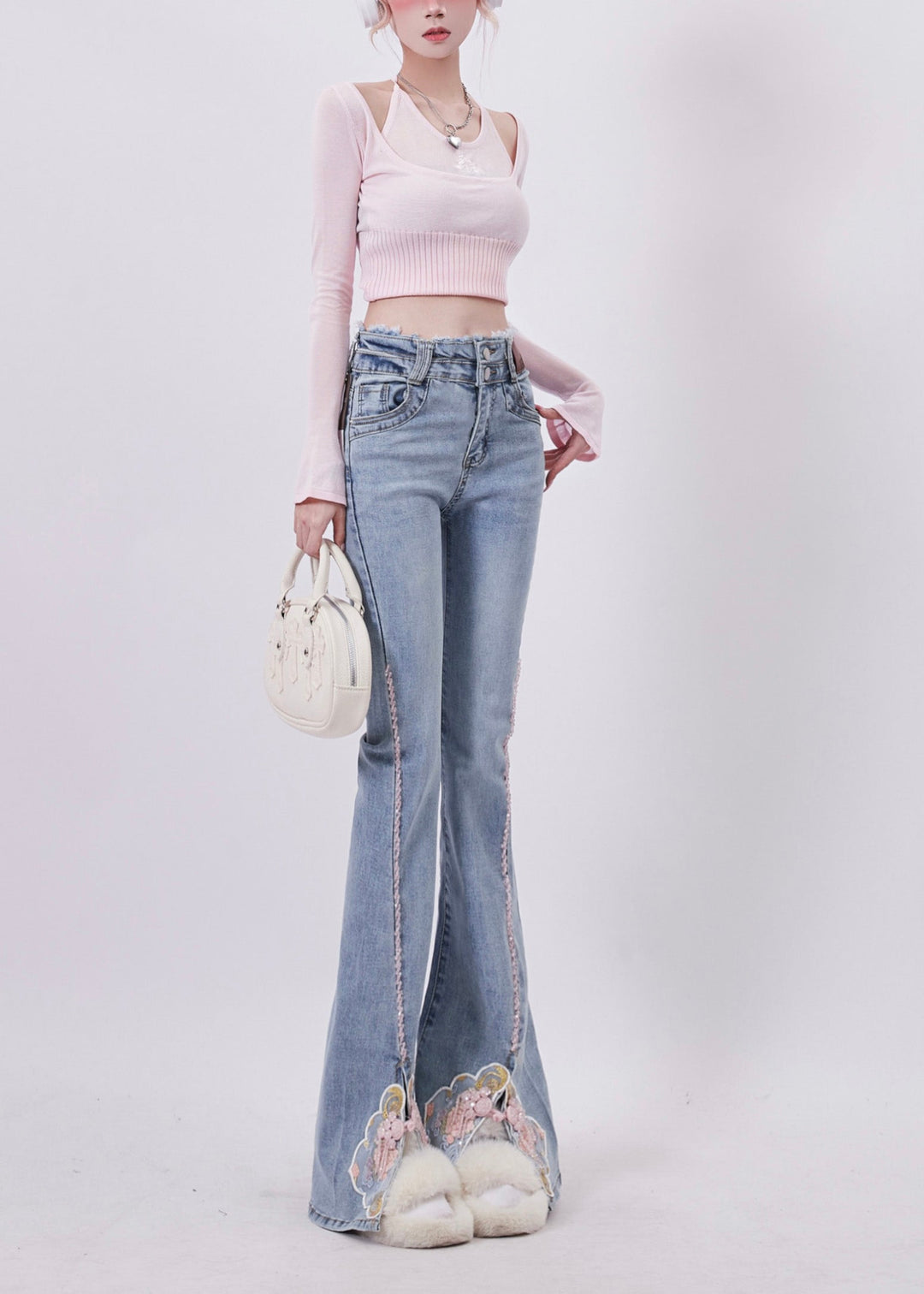 Organic Blue Embroidered Side Open Denim Bell-bottom Trousers Spring