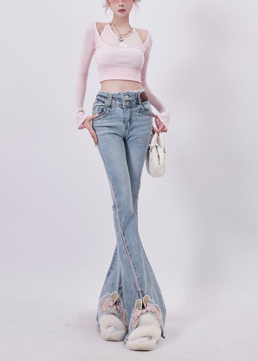 Organic Blue Embroidered Side Open Denim Bell-bottom Trousers Spring