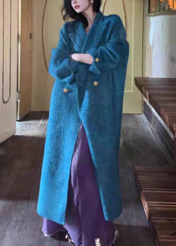 Organic Blue Notched Patchwork Pockets Maxi Woolen Coats Winter