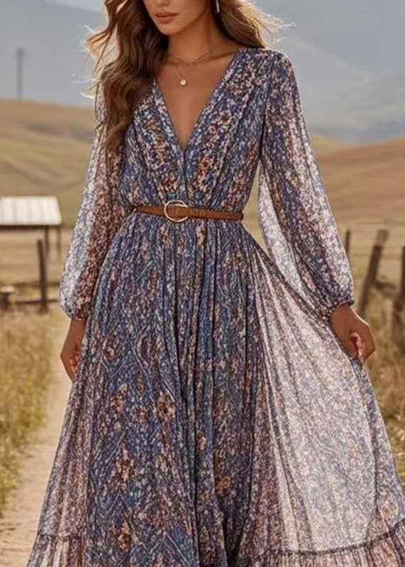 Organic Blue V Neck Tunic Chiffon Long Dresses Lantern Sleeve