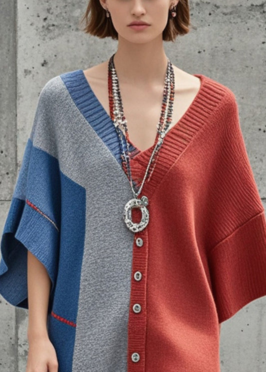 Organic Colorblock Asymmetrical Design Knitted Dress Batwing Sleeve