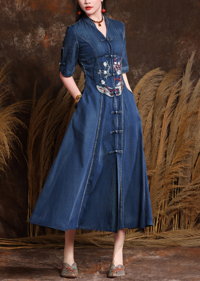 Organic Denim Blue V Neck Embroidered Patchwork Long Dresses Short Sleeve