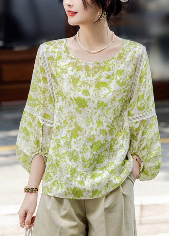 Organic Fluorescent Green O-Neck Patchwork Chiffon Shirts Fall