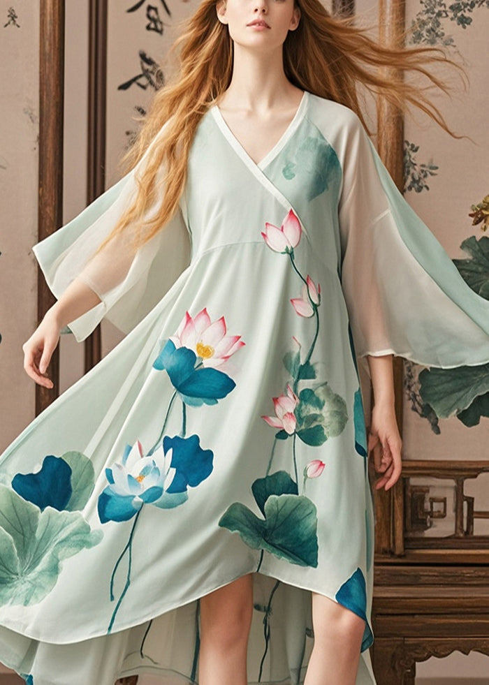 Organic Green Asymmetrical Lotus Print Chiffon Dress Summer