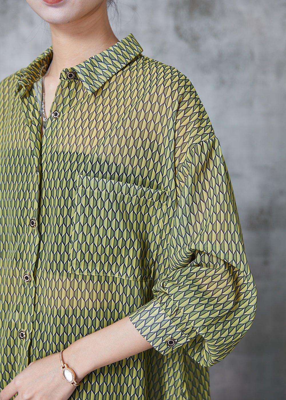 Organic Green Oversized Print Chiffon Shirt Spring