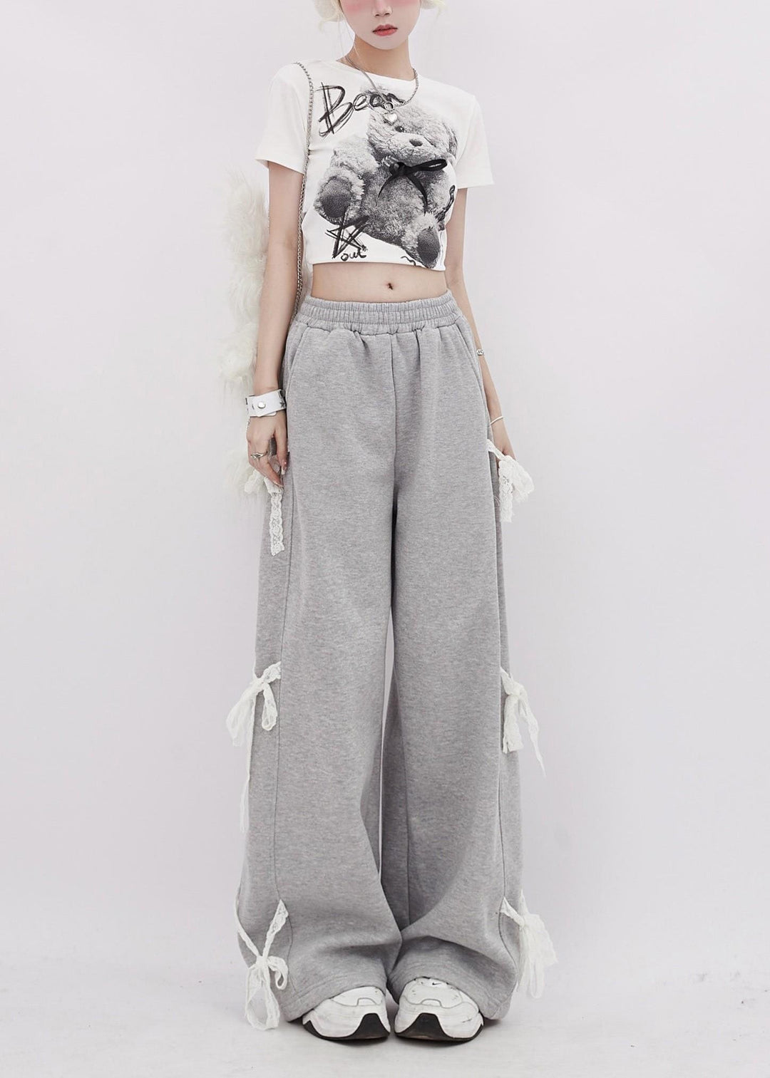 Organic Grey Oversized Patchwork Lace Straight Pants Spring