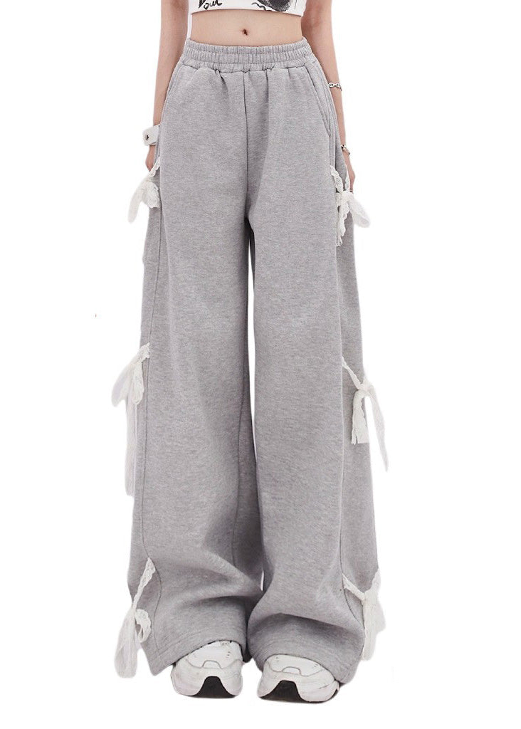 Organic Grey Oversized Patchwork Lace Straight Pants Spring