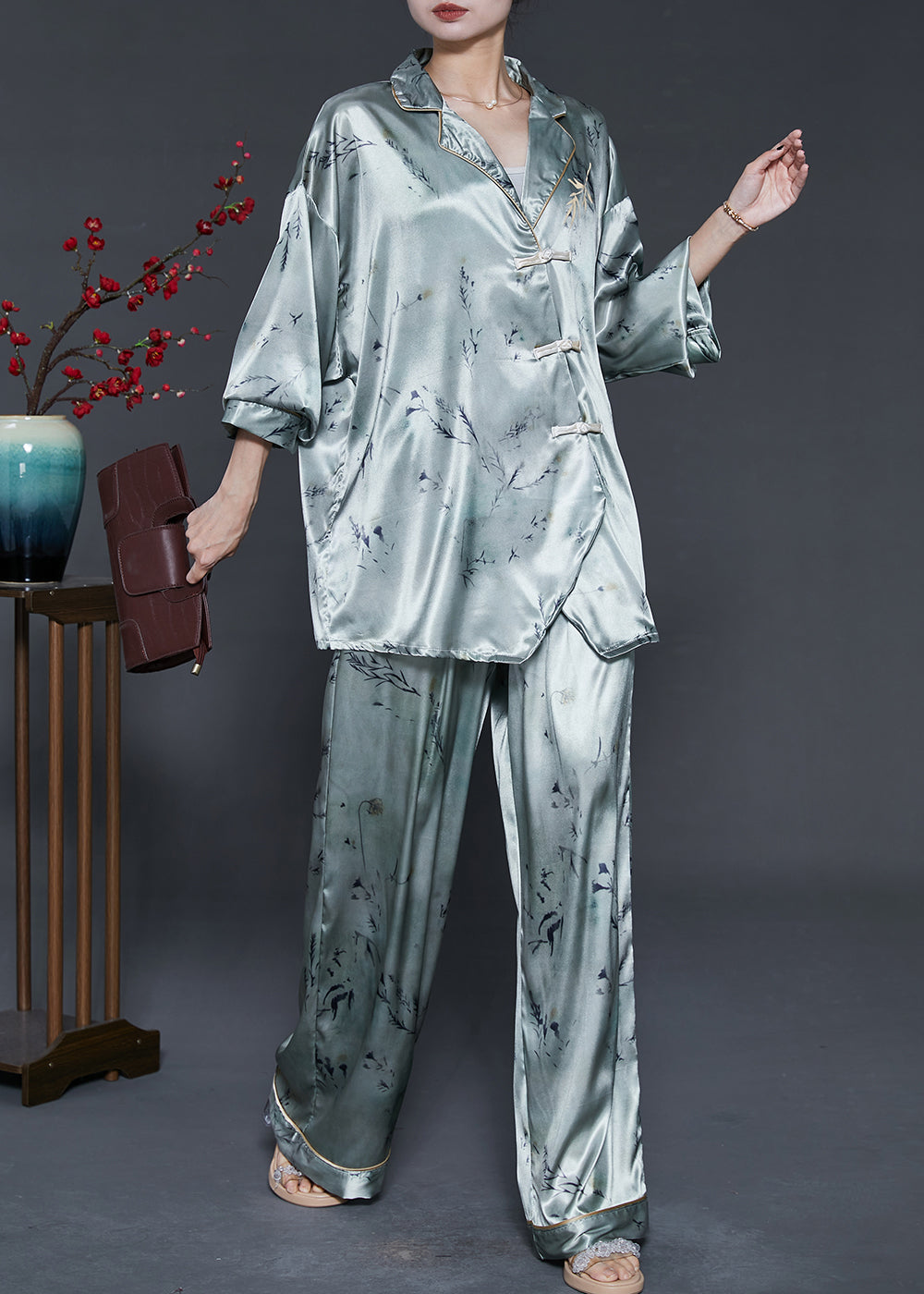 Organic Grey Oversized Print Chinese Button Silk Two Pieces Set Fall