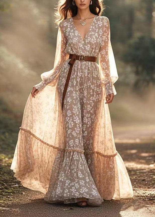 Organic Khaki Ruffled Patchwork Chiffon Long Dresses Lantern Sleeve