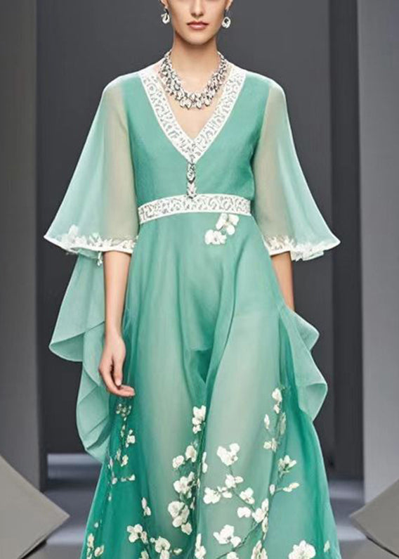 Organic Lake Green V Neck Print Chiffon Maxi Dresses Summer