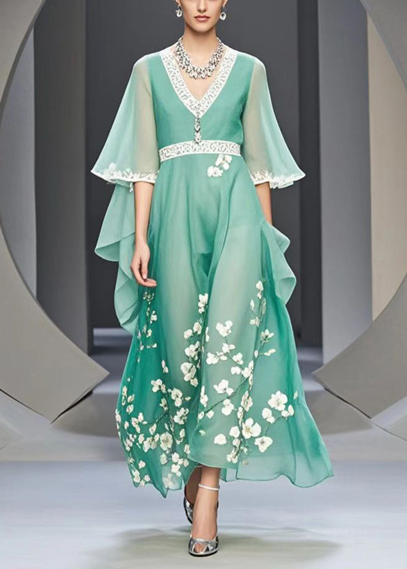 Organic Lake Green V Neck Print Chiffon Maxi Dresses Summer