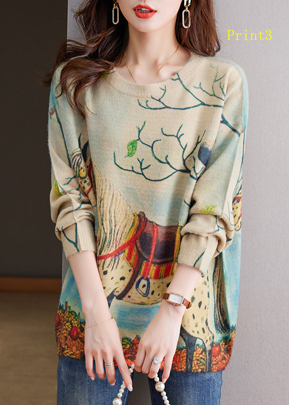 Organic O Neck Print Woolen Knit Pullover Spring