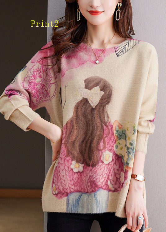 Organic O Neck Print Woolen Knit Pullover Spring