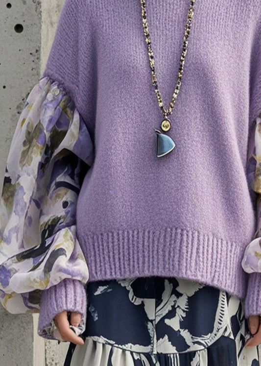 Organic Purple Oversized Patchwork Print Sweaters Lantern Sleeve