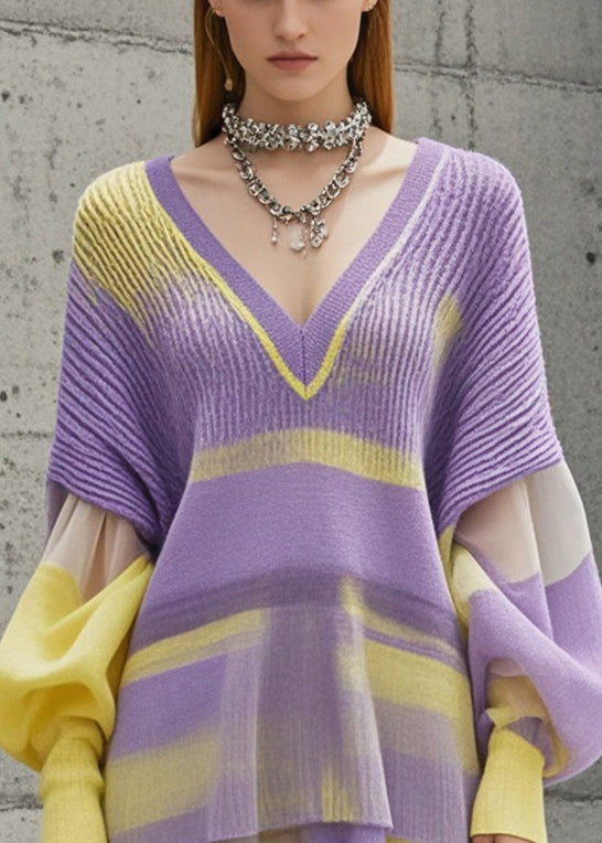 Organic Purple Tie Dye Patchwork Knitwear Dress Lantern Sleeve