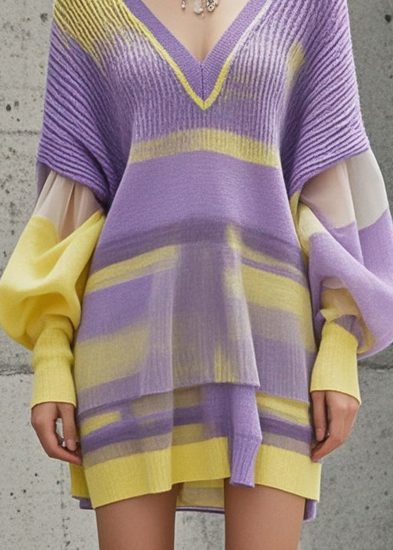 Organic Purple Tie Dye Patchwork Knitwear Dress Lantern Sleeve