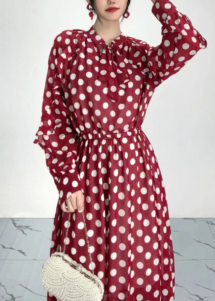 Organic Red Dot Print Ruffled Chiffon Dresses Long Sleeve