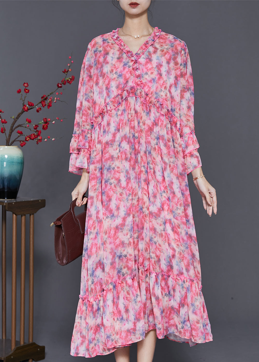 Organic Red Ruffled Print Chiffon Long Dresses Flare Sleeve