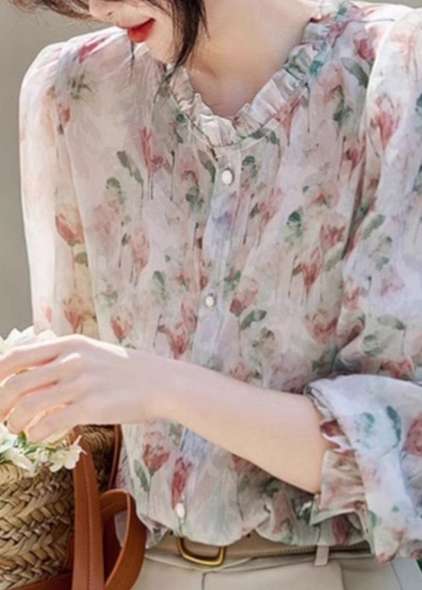 Organic Ruffled Print Chiffon Shirt Long Sleeve