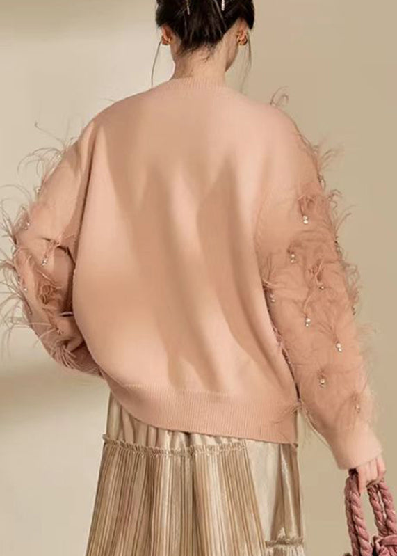 Organic Skin Pink O-Neck Zircon Feather Cotton Knit Sweater Winter