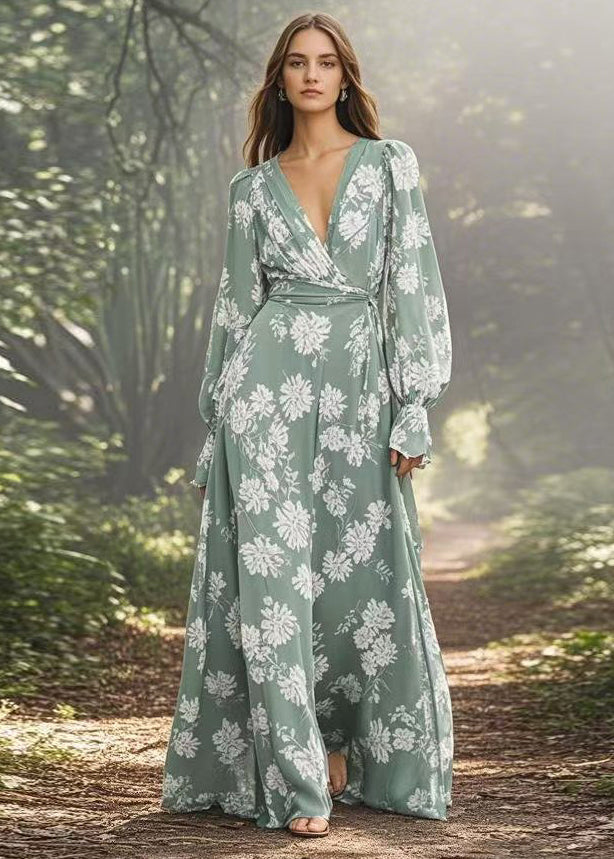 Organic V Neck Print Loose Chiffon Maxi Dresses Spring