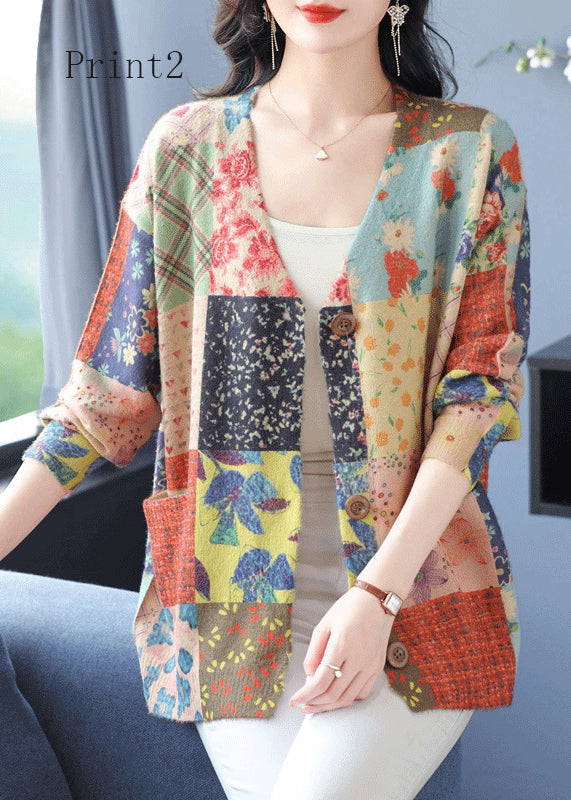 Organic V Neck Print Pockets Woolen Cardigan Spring