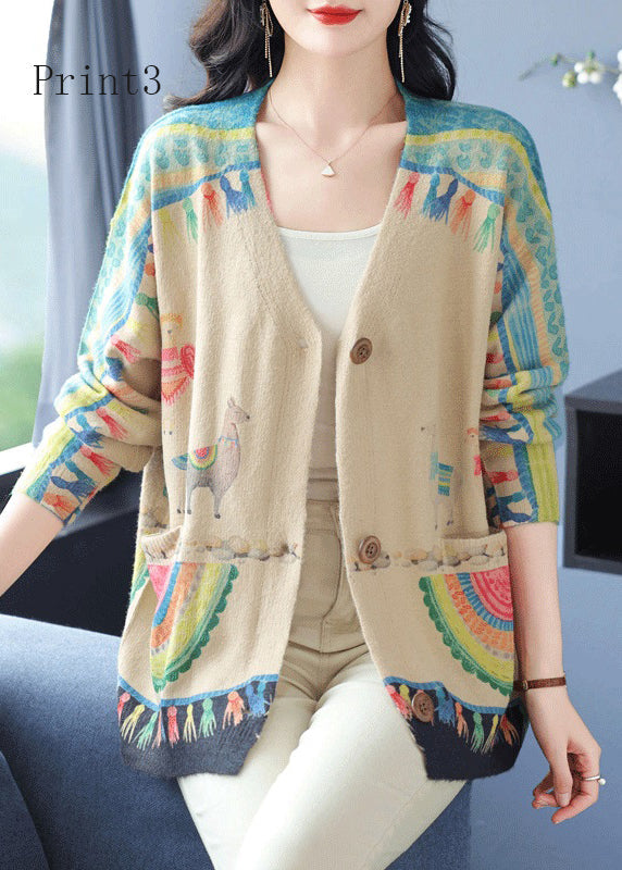 Organic V Neck Print Pockets Woolen Cardigan Spring