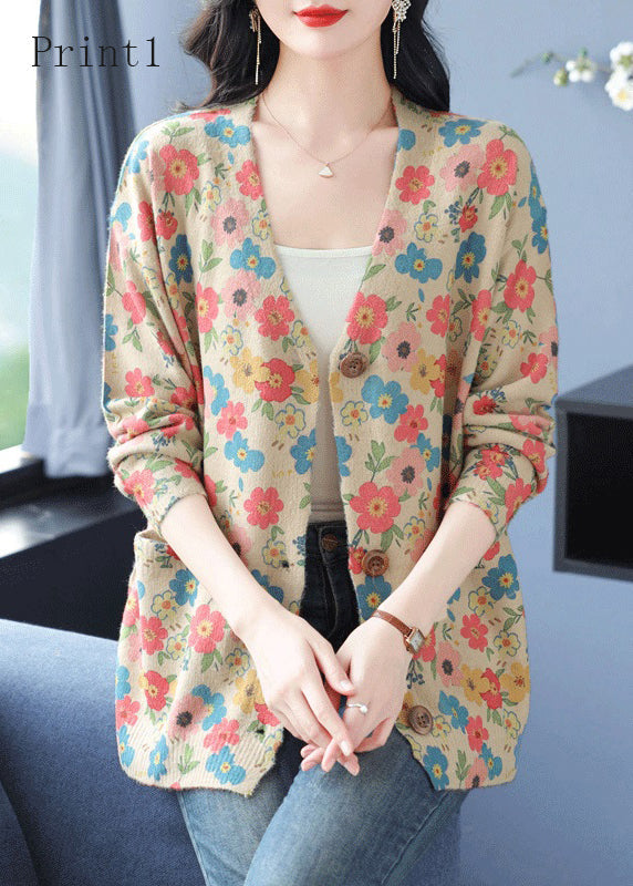 Organic V Neck Print Pockets Woolen Cardigan Spring