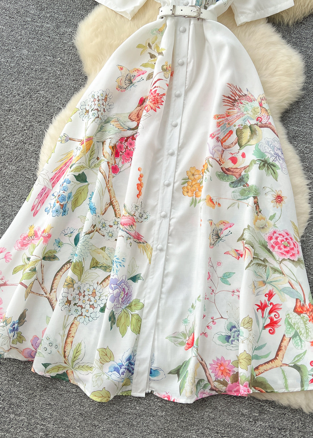 Organic White Cinched Print Chiffon Long Dress Summer