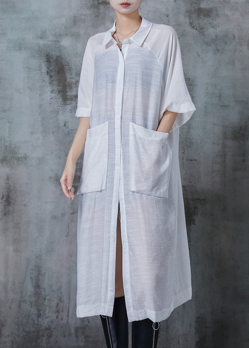 Organic White Oversized Pockets Linen Dress Summer