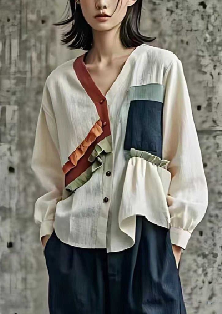 Organic White Ruffled Patchwork Linen Shirt Top Spring