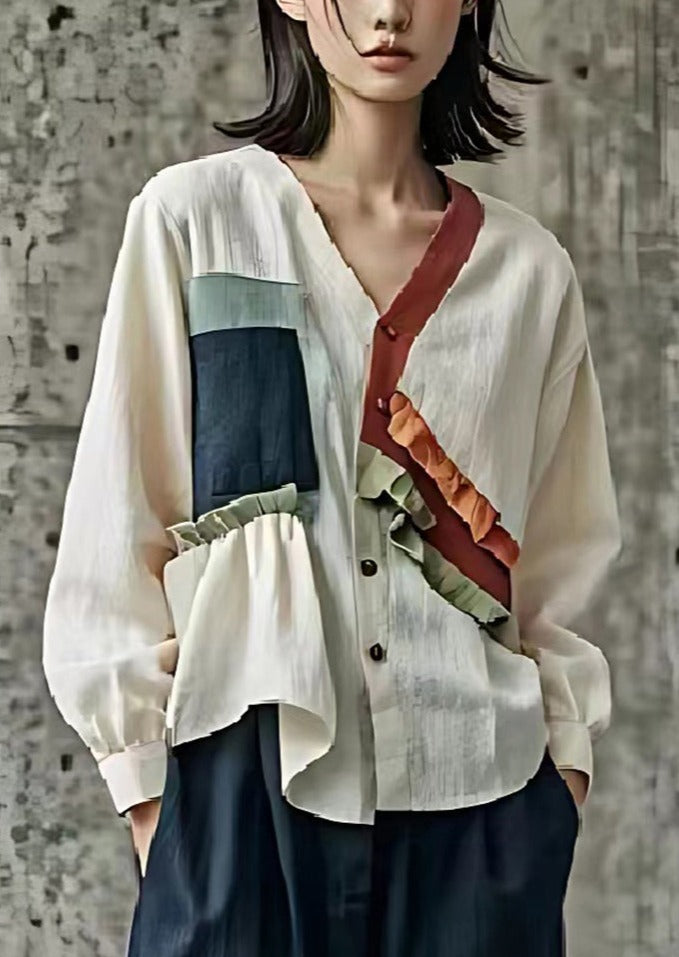 Organic White Ruffled Patchwork Linen Shirt Top Spring