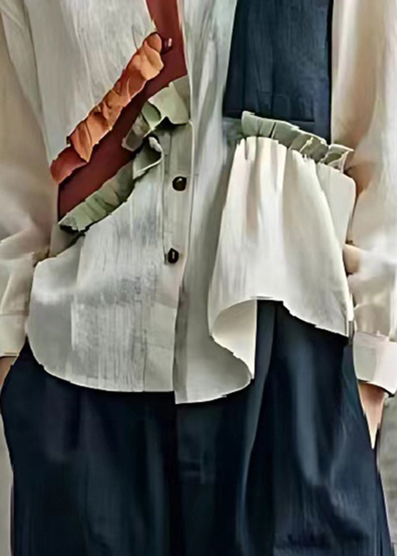 Organic White Ruffled Patchwork Linen Shirt Top Spring