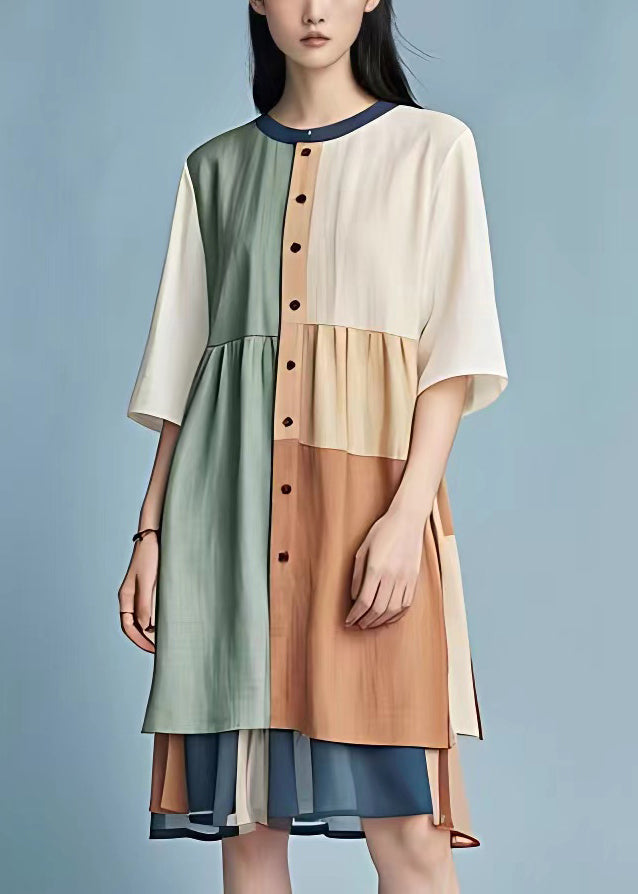 Original Colorblock Asymmetrical Patchwork Cotton Dress Half Sleeve