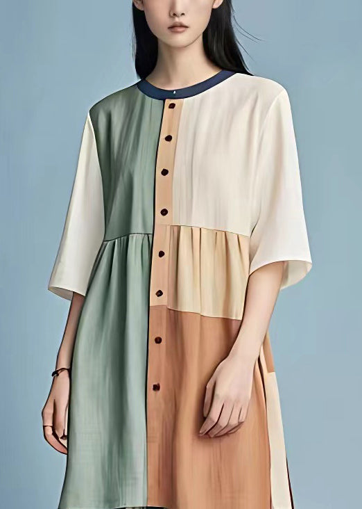 Original Colorblock Asymmetrical Patchwork Cotton Dress Half Sleeve