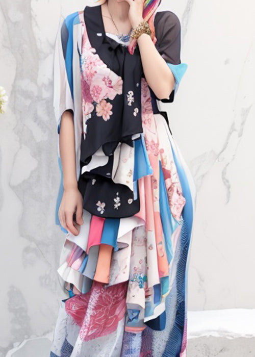 Original Colorblock Print Wrinkled Silk Long Dress Half Sleeve