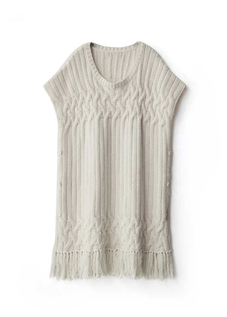 Original Design Apricot Asymmetrical Tassel Cotton Knit Vest Sleeveless