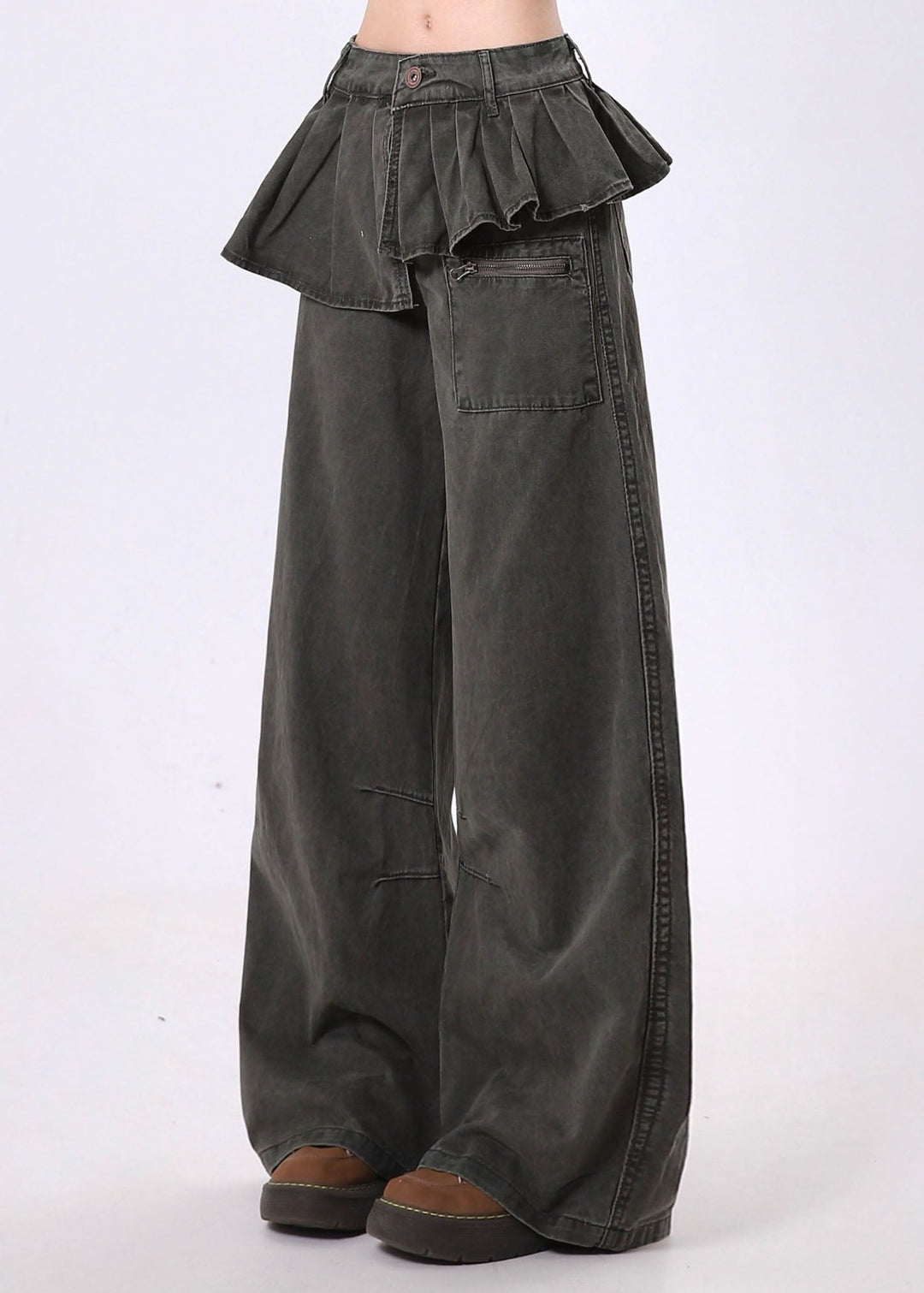 Original Design Asymmetrical Wrinkled Patchwork Denim Wide Leg Pants Spring