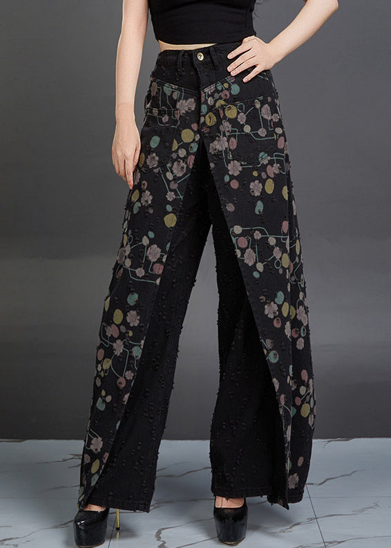 Original Design Black Print High Waist Patchwork Denim Pants Fall