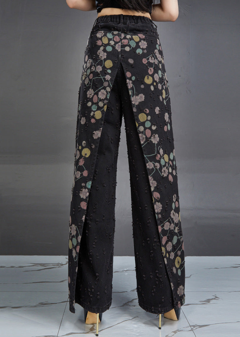 Original Design Black Print High Waist Patchwork Denim Pants Fall