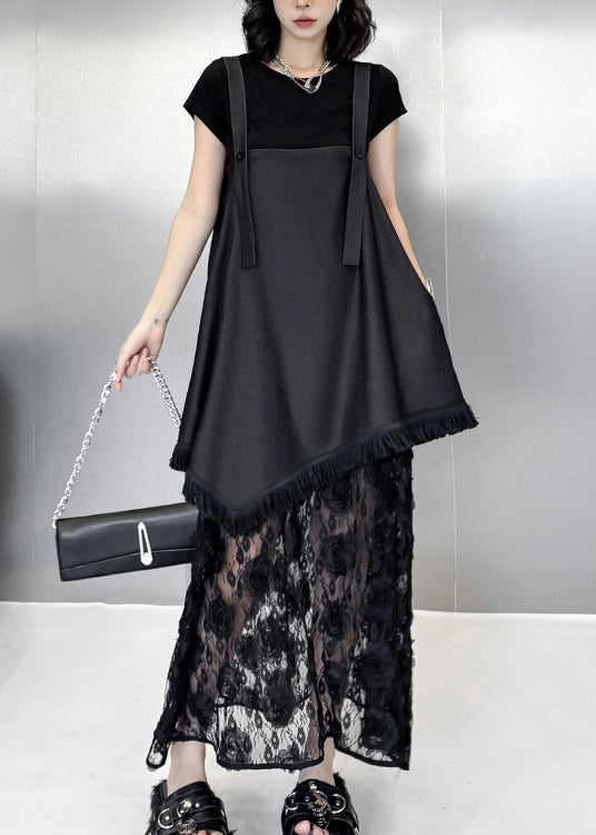 Original Design Black Ruffled Lace Strap Dress Summer