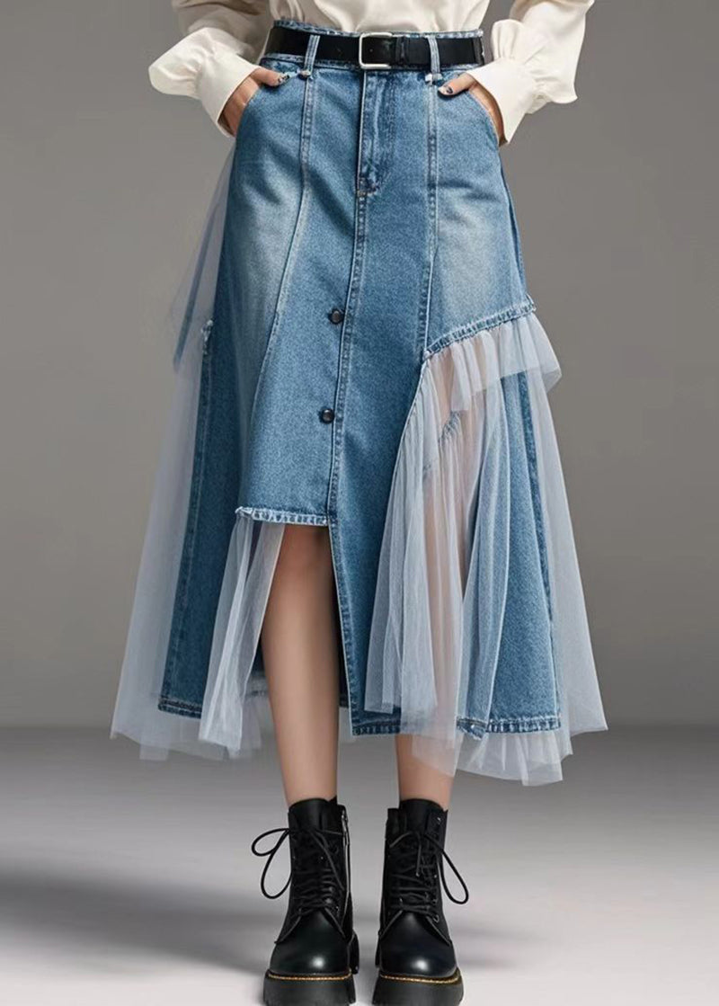 Original Design Blue Asymmetrical Patchwork Denim Wraped Skirts Spring