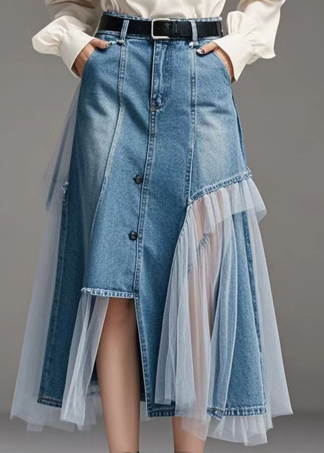 Original Design Blue Asymmetrical Patchwork Denim Wraped Skirts Spring