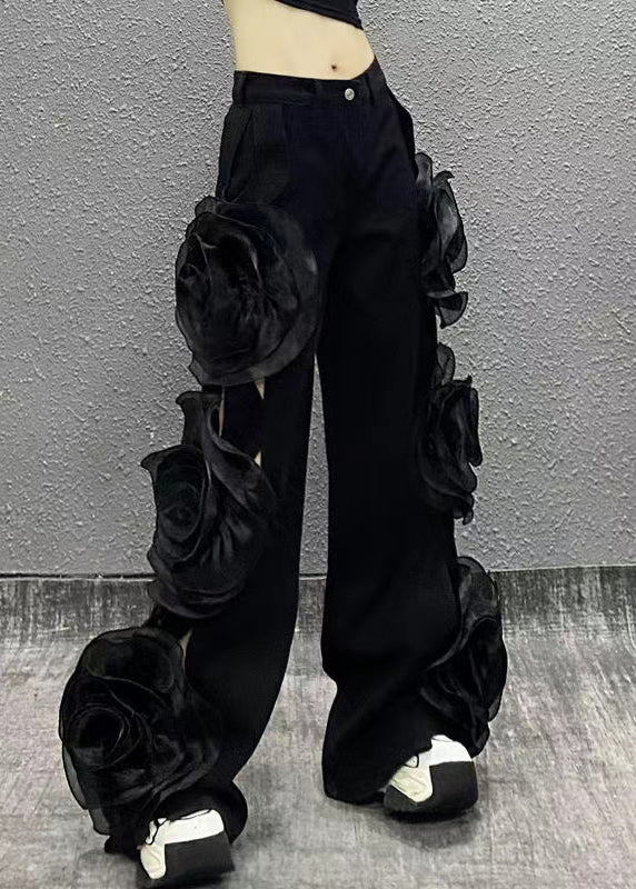 Original Design Blue Hollow Out Floral Denim Wide Leg Pants Fall