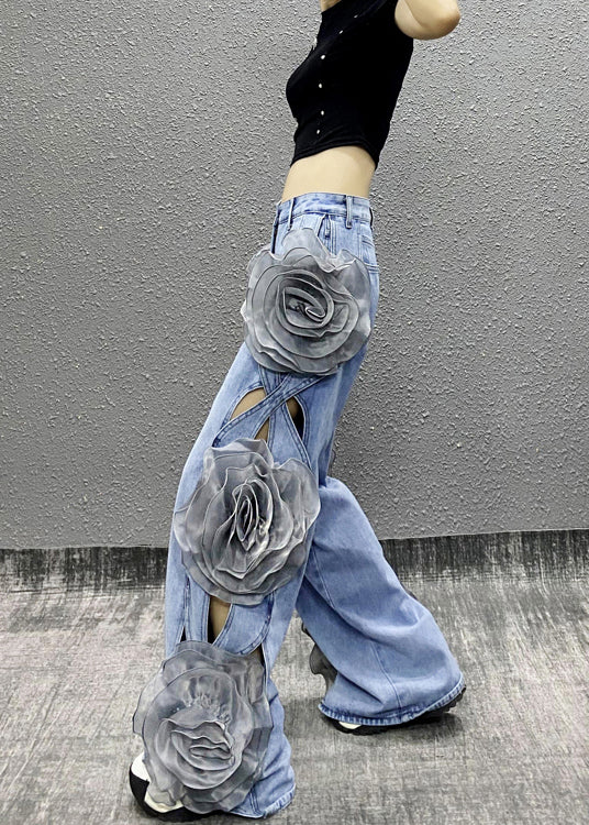 Original Design Blue Hollow Out Floral Denim Wide Leg Pants Fall