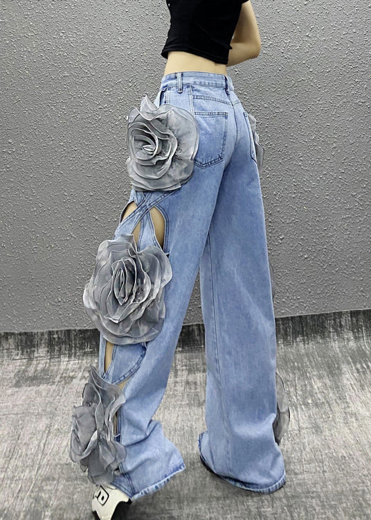 Original Design Blue Hollow Out Floral Denim Wide Leg Pants Fall