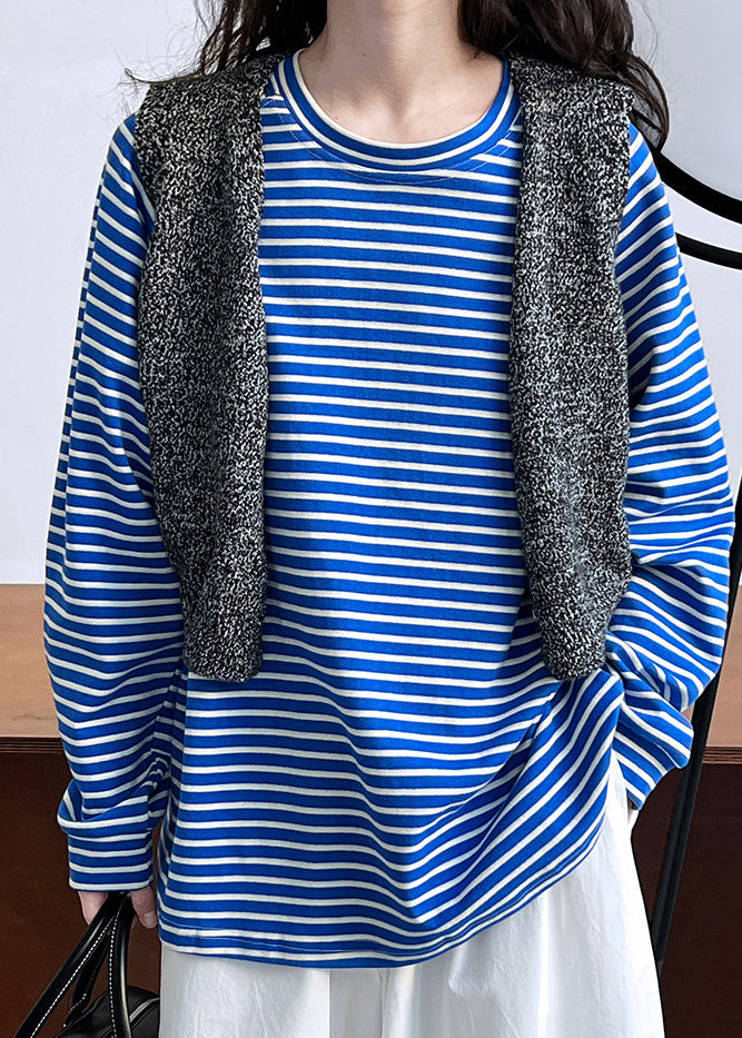 Original Design Blue O Neck Striped Cotton T Shirt Spring