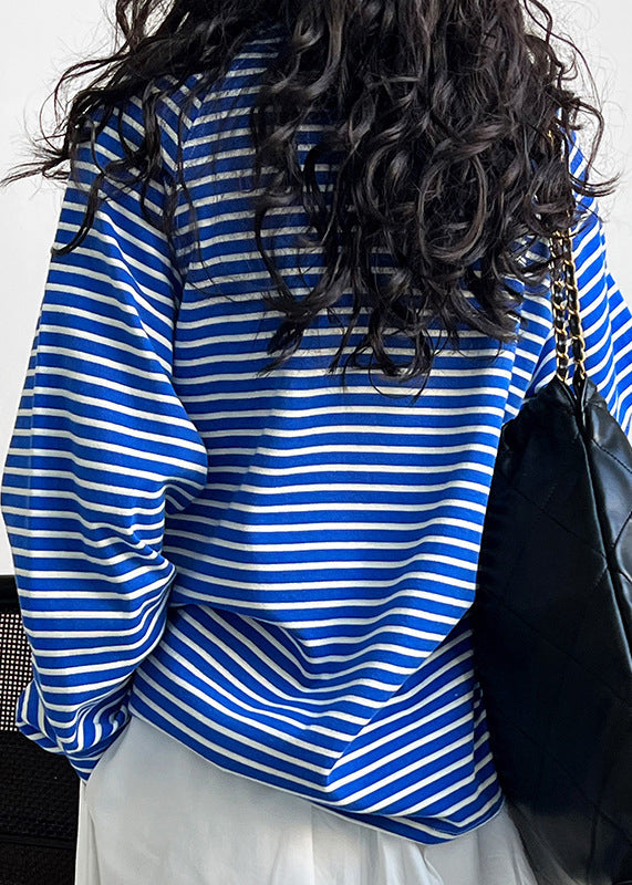 Original Design Blue O Neck Striped Cotton T Shirt Spring