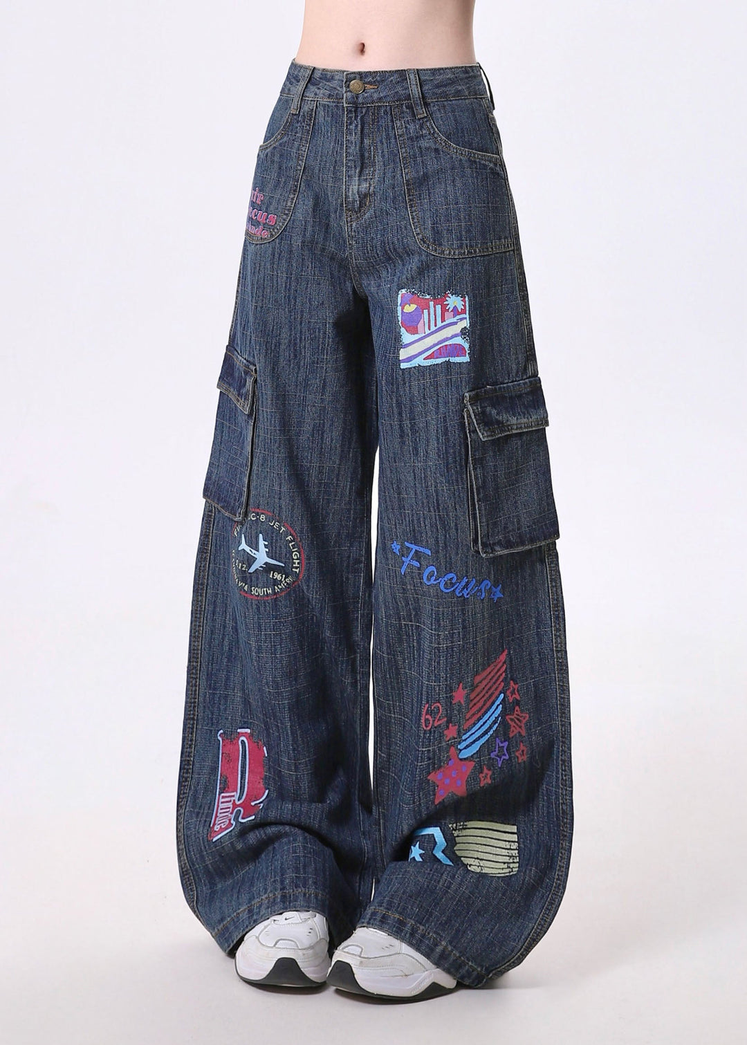 Original Design Blue Pockets Print Cotton Straight Pants Spring