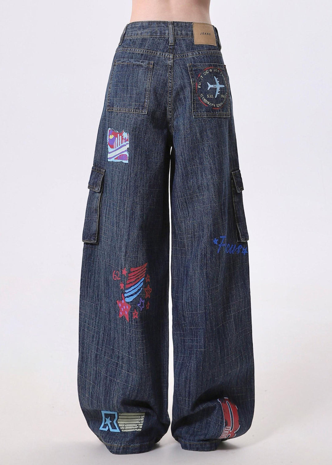 Original Design Blue Pockets Print Cotton Straight Pants Spring